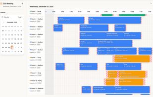 An interactive scheduling calendar that allows businesses to manage multiple rooms and reservations in a single timeline. Staff can quickly view availability, adjust bookings, and prevent scheduling conflicts across different room types and capacities.