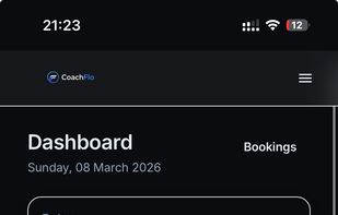 CoachFlo dashboard showing upcoming bookings, client sessions, and daily schedule overview for personal trainers.