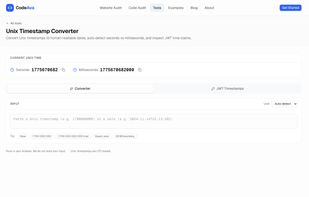 Unix Timestamp Converter
Convert Unix timestamps to human-readable dates, auto-detect seconds vs milliseconds, and inspect JWT time claims.