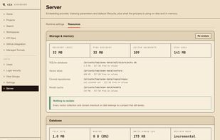 Server resources — memory and disk usage per store, with database maintenance and reclaim of orphaned storage
