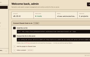 Dashboard home — server status, embedding provider and indexed projects at a glance
