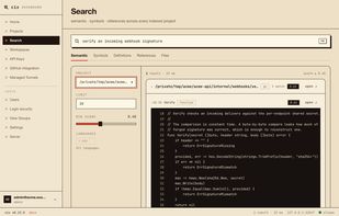 Semantic search across an indexed project — plain-language query, ranked code snippets, with Symbols / Definitions / References / Files as separate modes