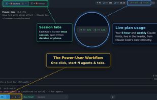 The dashboard: each tab is a tmux session, live plan usage in the header, one click starts N agents