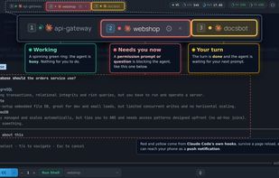 Tab states: working, needs you now, and your turn