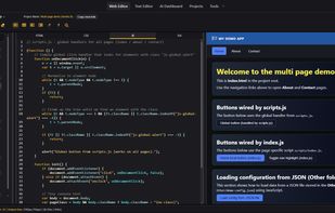 Build and edit front-end projects with a structured file tree, separate HTML/CSS/JS files, live preview, and project-level controls.