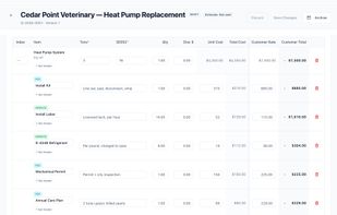 An HVAC quote: a heat pump priced from tonnage and SEER2, plus labor, refrigerant, permit and a care plan, with margin.