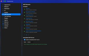 MCP server settings: add local (stdio) and remote (HTTP) servers without editing a config file, with live connection status and tool counts. Cogitae also runs its own MCP server so other clients can use its tools.