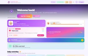 Home dashboard with daily quests, sidekick companion, Gem Guardians, and gamified rewards