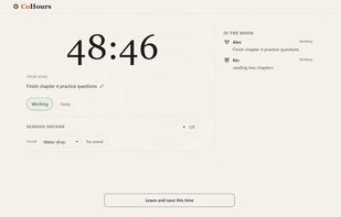 Inside a room: a shared 50-minute countdown, and everyone's name and their one goal for the session. That's the whole interface — no camera, no mic, no chat.