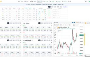 Full real-time dashboard: Volume Spikes, RSI Signals, Price Action, 3-Candle Streak — all in one view with live TradingView chart on the right. Click any coin to instantly open its chart.