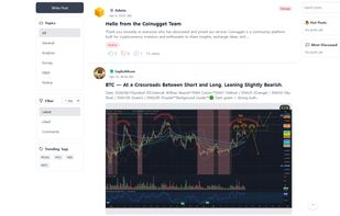 Multilingual community board for crypto traders — post analysis, charts, and insights by topic. Filter by Latest, Liked, or Comments. Trending tags and Hot Posts updated in real-time. 17 language boards available.