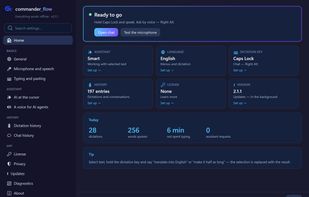Home dashboard: hotkeys, languages, and how much typing time you saved today