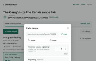 Share via, text, email, etc... with an option to add deadlines and expected guest count.