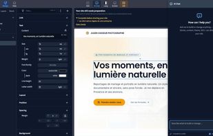 The AI assistant panel in the editor: it builds and changes pages, blocks, content, theme and SEO directly, from a chat