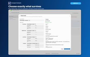 Merge Studio for choosing field sources, the destination account, and reviewing the final merged contact.