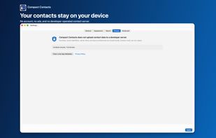 Privacy settings showing local processing with no account, ads, or developer-operated contact server.