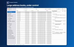 Dense configurable table for searching, sorting, filtering, and comparing large Apple Contacts address books.