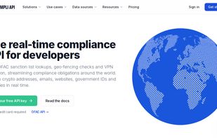 CompliAPI homepage: real-time sanctions and compliance API for developers - screen crypto addresses, emails, websites, government IDs and countries.