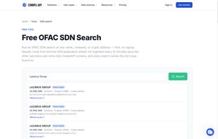 Free OFAC SDN search tool (no signup): instant lookup of names, companies and crypto addresses with exact/partial match labels, list attribution and sanctions program.