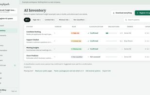 Every AI system you use or build, with its risk class, owner and progress on its duties.
