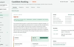 A rule engine classifies each AI system and names the exact article it rests on.