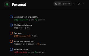 Project view. Here you can see all the tasks assigned to a project called "Personal".