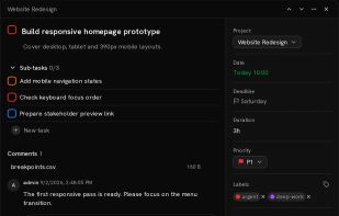 Task view. Here you can see all the information regarding a task, such as the description, due date, sub-tasks, comments and labels.