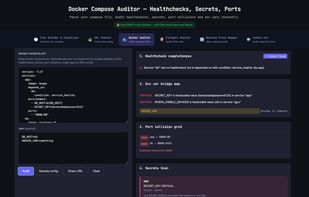 Paste your docker-compose.yml and instantly audit healthcheck completeness, hardcoded secrets, port collisions, environment variable bridging, and GPU runtime configuration. Flags critical issues with exact copy-paste fixes. Optionally add your .env file for full variable bridge mapping.