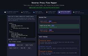 Paste your nginx.conf or docker-compose.yml with Traefik labels and visualize the full routing flow. Auto-detects Nginx vs Traefik format including Traefik v3. Enter a test URL to see which rule 
matches it. Audit findings flag missing SSL redirects, duplicate server blocks, and 
proxy_pass misconfigurations.