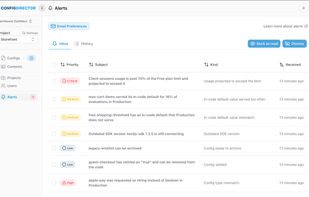 ConfigDirector Dashboard - Alerts Inbox showing a sample of some of the kinds of monitoring and alerting the system offers
