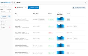 ConfigDirector Dashboard - List of configs and feature flags showing lifecycle state and usage.