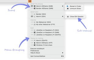 ConnectMeNow resides in the macOS menu-bar and provides quick access to network shares that you have defined.