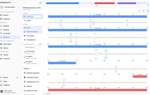 Sequence viewer in the Conspecta genetics workspace: a 16S rRNA sequence with restriction cut sites, annotation tracks, and layer controls in the sidebar. Plasmid maps, GenBank and FASTA import, and annotations linked to samples.