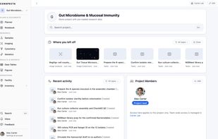 The Conspecta project home page: a "Where you left off" strip of recently touched samples, images, and notes, a filtered activity feed, and the project member list. The lab data management dashboard you start each session from.