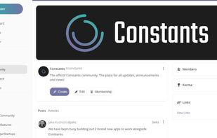 The official Constants community page, showing member count, karma, and links.