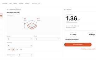 Concrete calculator — shape-first input with live results in cubic yards and 40/60/80 lb bag counts.