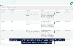 The CF7 to Any API plugin's built-in log viewer showing live form submission results. Each row displays the Form Name, API Name (e.g. HubSpot), Submitted Data (name, email, timestamp), full API Response JSON, and a green "Created (201)" status confirming successful delivery. 56 entries across 6 pages — fully filterable and deletable from the WordPress dashboard.