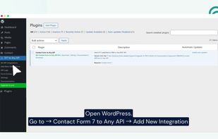 The WordPress admin panel showing the Contact Form to Any API plugin  installed and active. The left sidebar highlights the plugin menu with options: All API Integrations, Add New Integration, API Logs, Form Entries, Settings, Documentation, and Upgrade to Pro. The plugin description reads "Send CF7 Lead/Data to CRM or Any REST API" and requires Contact Form 7.