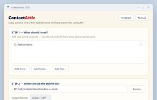 Point ContactAttic at your vCard and CSV exports — it merges duplicate people into one clean address book, keeping every number and email.