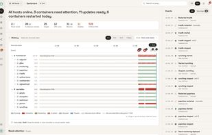 Dashboard: a status line, key numbers for all hosts and a timeline of every host and stack with outages, restarts, deploys and updates.