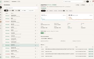 Containers: the list stays on the left, the inspector opens on the right with CPU and memory trends, ports, networks, mounts, logs, stats and a shell.