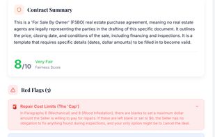 Detailed red flag analysis, fairness score, key terms, and recommendations