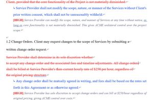 Download a revised contract with track changes. Red strikethrough = remove. Blue underline = add. Ready to send to the other party —no rewriting needed.