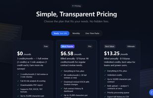 Free tier with no credit card. Pro $9.99/mo for 30 reviews. Ultimate $19.99/mo for unlimited. One-time credit packs from $4.99 —pay only when you need a review.