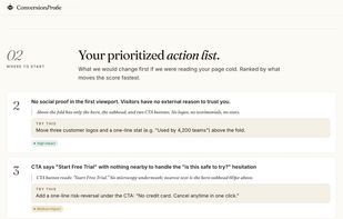 The ranked action list from an audit. Each finding quotes the exact element on the page, explains why it's hurting conversions, and gives a specific fix to try. Ranked by what moves the score fastest.