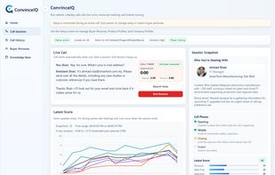A practice call in progress. The rep talks to an AI buyer while the transcript, call timer and score run live — the buyer's company, role and mood sit on the right.