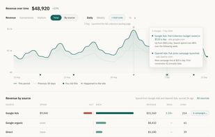 Revenue over time with markers for budget and campaign changes, plus revenue, ad spend and ROAS by source.