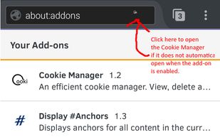 Opening the Cookie Manager in Firefox 53 for Android. If using Firefox 54+, the icon is not shown and the Cookie Manager is only shown when the add-on is enabled.