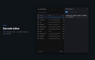 Decode inline — CookiePeek popup with JWT decoded into header and payload
