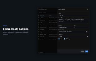 Edit and create cookies — CookiePeek edit modal with cookie fields